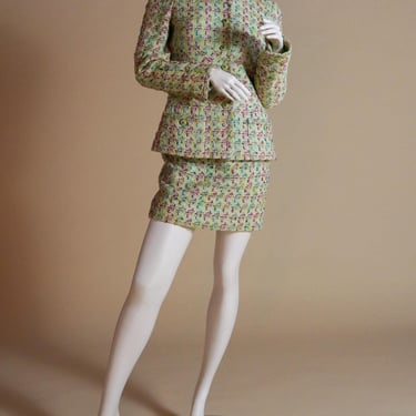 S/S 1995 Chanel 'Barbie Collection' by Karl Lagerfeld rare runway mint green tweed suit with jacket and mini skirt 