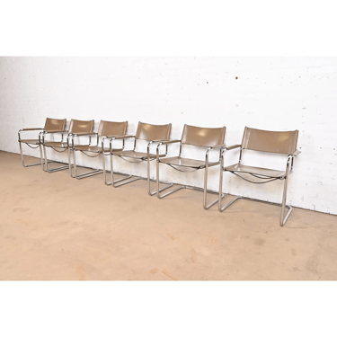 Matteo Grassi Mid-Century Modern Bauhaus Italian Leather and Chrome Tubular Cantilever Dining Armchairs, Set of Six