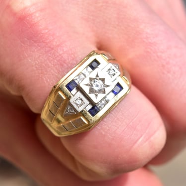 Men's Two-Tone 14K Diamond Sapphire Signet Ring, Engraved Star Setting, Estate Jewelry, Size 12 US 