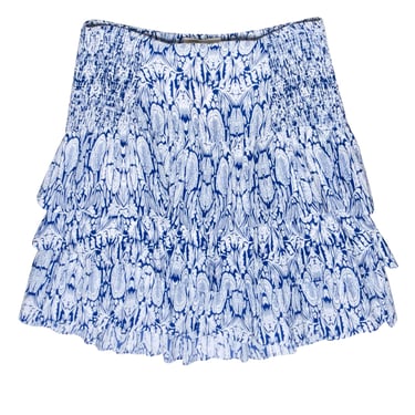 Maje - Blue &amp; White Abstract Leaf Print Ruffled Mini Skirt Sz L