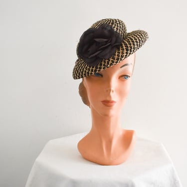 1960s Black and Natural Straw Hat with Rose 