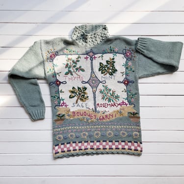 cute cottagecore sweater 90s vintage Beldoch Popper bouquet garni herbs floral embroidered green sweater 