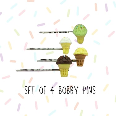 Ice Cream Hair Clip Set - 4 Bobby Pin Clips - Cute Kawaii Barrettes 