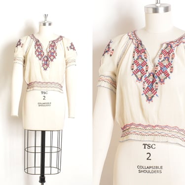 Vintage 1930s Blouse / 30s Embroidered Cotton Hungarian Blouse / White Red Blue 