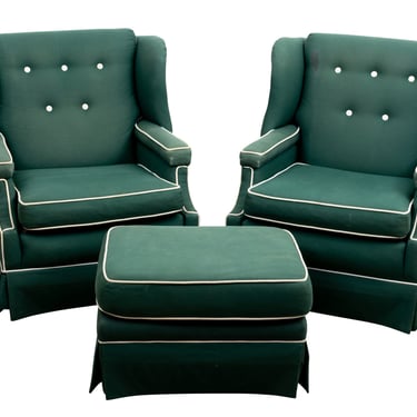 Pair of Upholstered Club Chairs and Ottoman