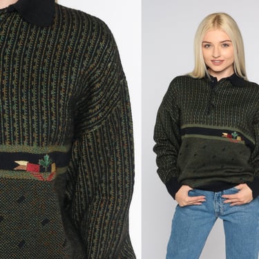 90s Collared Sweater Green Striped Sweater Maple Leaf Flag Logo Knit Jumper Pullover Retro Preppy Embroidered Black Vintage 1990s Medium M 