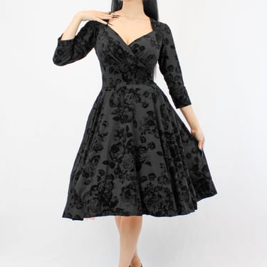 Holiday Black Roses 1940s Vintage Inspired Circle Dress 