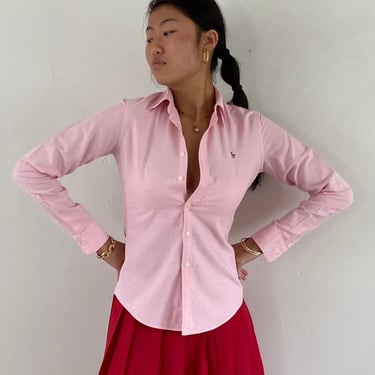 90s Ralph Lauren pink cotton blouse / vintage light pink oxford cloth cotton button down shirt blouse | Extra Small 