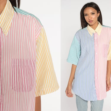 Striped Color Block Shirt 90s Button Up Shirt Rainbow Shirt Cotton Shirt Vintage Pink Yellow Blue Short Sleeve 1990s Men's Extra Large xl 