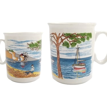 Vintage Fisherman on the Beach Mug / Novelty Porcelain Coffee Cup / Scenic Handled Gift Mug 