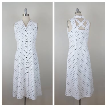Vintage 1990s polka dot maxi dress, open back, black and white, button front 
