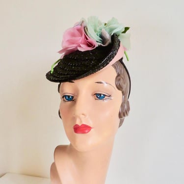 1940's Black Raffia Tilt Hat Pink and Mint Green Fabric Rose Flowers Trim Rockabilly 40's Spring Summer Millinery WW2 Era Gage Hats 