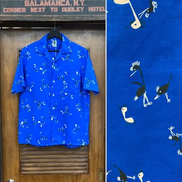 Vintage 1950’s Atomic Cartoon Bird Music Note Cotton Rockabilly Shirt, 50’s Camp Collar, Vintage Clothing 