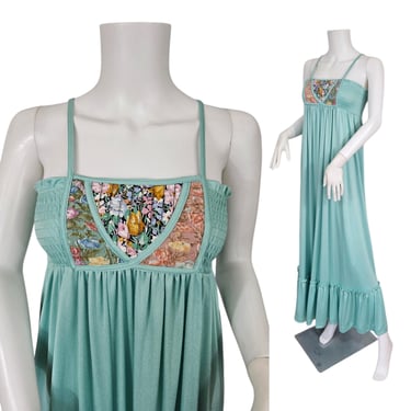 Jody T 1970s Mint Green Poly Maxi Peasant Smock Dress I Sz Med I Patchwork 