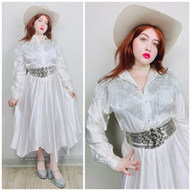 1990s Vintage Lilia Smitty Poly Silk Western Dress / 90s / Silver Fringe Metallic Fit and Flare Rodeo Dress / Medium - Large 