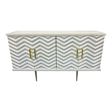 Modern White Carved Wood Herringbone Credenza