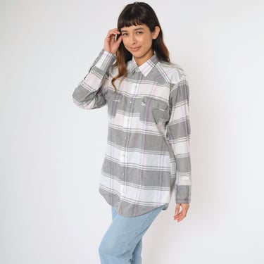 Vintage Plaid Western Shirt 80s Pearl Snap Grey White Button Up Rodeo Checkered Retro Long Sleeve 1980s Men's Large 16 x 34 Extra Long Tail 