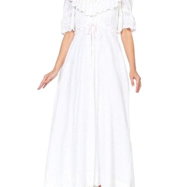 1970S White Embroidered Cotton Blend Eyelet Lace Negligee & Duster Robe Set 