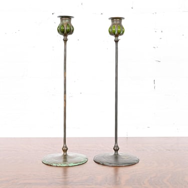 Tiffany Studios New York Bronze and Green Favrile Glass Puddle Candlesticks, Pair