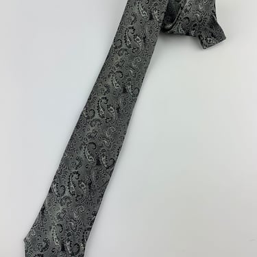 1960's Paisley Tie - DAMON LABEL - All Silk - Black with Silver Print 