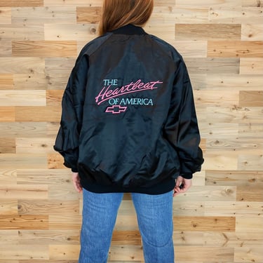 Vintage Chevy The Heartbeat of America Satin Bomber Jacket 