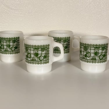 Fire King Green Apple Plaid Stackable Mugs - Set of Four 