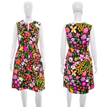 1960's Miss Elaine Black and Multicolor Floral Print Tiki Dress Size L