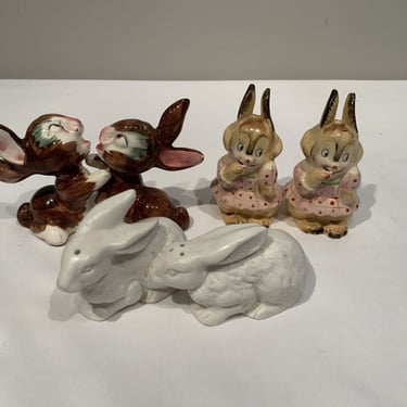 3 Sets Of Rabbit Salt And Pepper Shakers, White Bisque Huggers, 