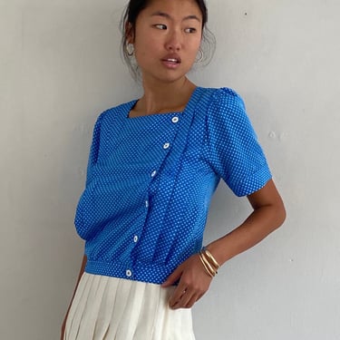 90s pleated blouson blouse / vintage cobalt blue print silky crepe puffed sleeve cropped asymmetrical square neck blouse blouson | Medium 