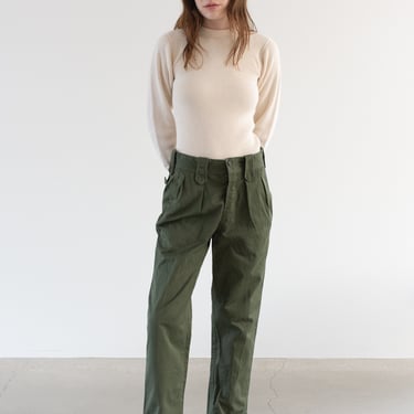 Vintage 28 29 30 31 32 33 Waist Olive Green Herringbone Twill Fatigues | Unisex Double Pleat Trousers | Portugal Army Pants | F549 