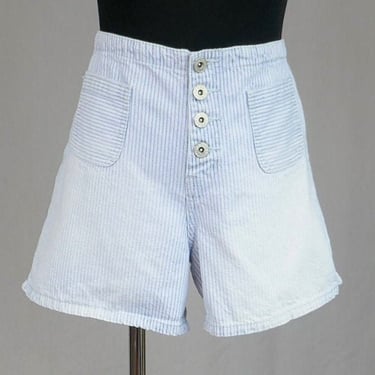 90s LA Blues Striped Shorts - 32" waist - White w/ Faded Blue Stripes - Button Fly - Cotton Denim - Vintage 1990s - M L 