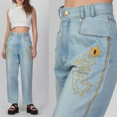 80s High Waist Gold Embroidered Jeans - Medium, 28.5