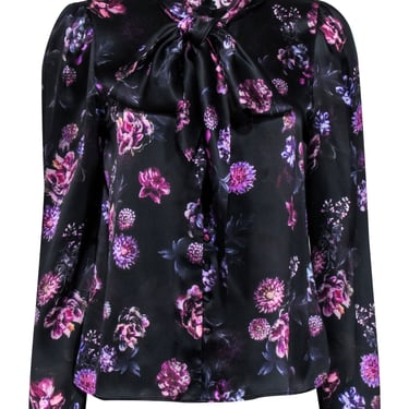 Cami NYC - Black &amp; Purple Floral Print Silk Blouse w/ Neck Tie Sz M