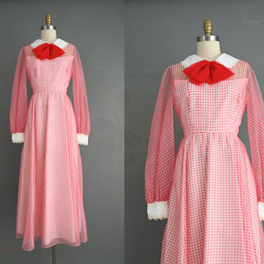 vintage 1970s dress | Red Gingham Long Sleeve Dress | Medium 