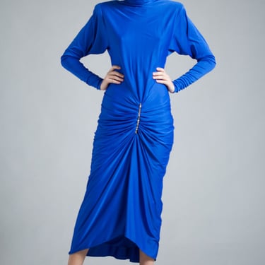 evening dress blue, dynasty dress, cobalt blue dress, gathered dress, knit rhinestones long dolman sleeves vintage 80s MEDIUM M 