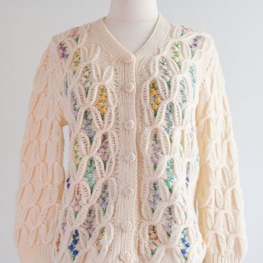 Sweetest 1950's Bouquet of Flower Wool Cardigan Sweater/ Sz M