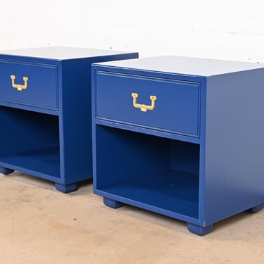 Henredon Mid-Century Hollywood Regency Campaign Blue Lacquered Nightstands, Newly Refinished