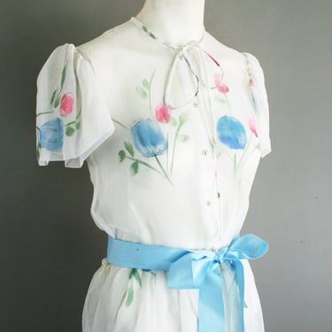 1960s Floral Shirtwaist Dress- Pink and Blue Hand Painted- Size Medium-8/10 