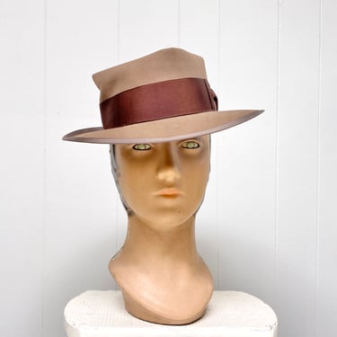 Vintage 1950s Classic Dobbs Taupe Wool Felt Fedora, Mid-Century Hat, Extra Long Oval, Large 