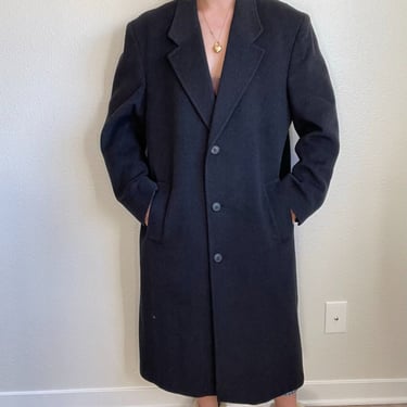 Vintage 90s Mens Dark Gray Charcoal Cashmere Wool Blend Long Trench Coat Sz L 