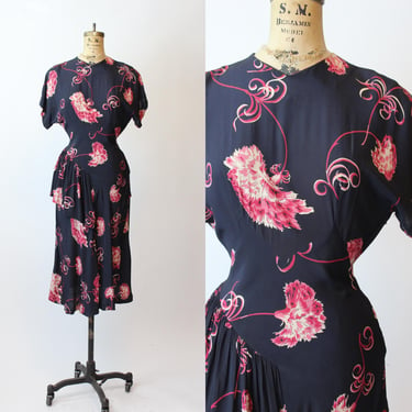 1940s NAN PARKER carnation print peplum dress small | new fall winter 