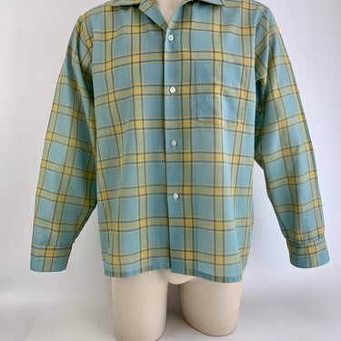 1950's - Early 60's Plaid Shirt - Polyster/Cotton Blend - Grayish Blue Plaid with Golden Yellow - Men's Size Medium 