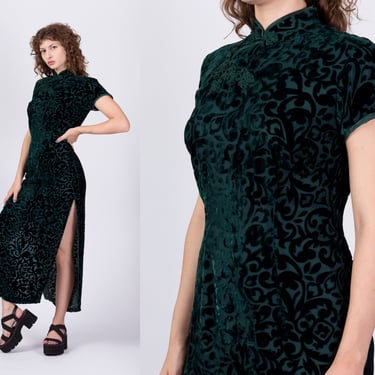 Vintage Green Velvet Burnout Cheongsam Dress, Deadstock - XS and Medium/Large | Chinese Silk Rayon Formal Maxi Side Slit Qipao 