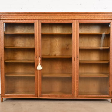 Stickley Brothers Style Antique Arts &#038; Crafts Oak Glass Front Triple Bookcase, Circa 1900