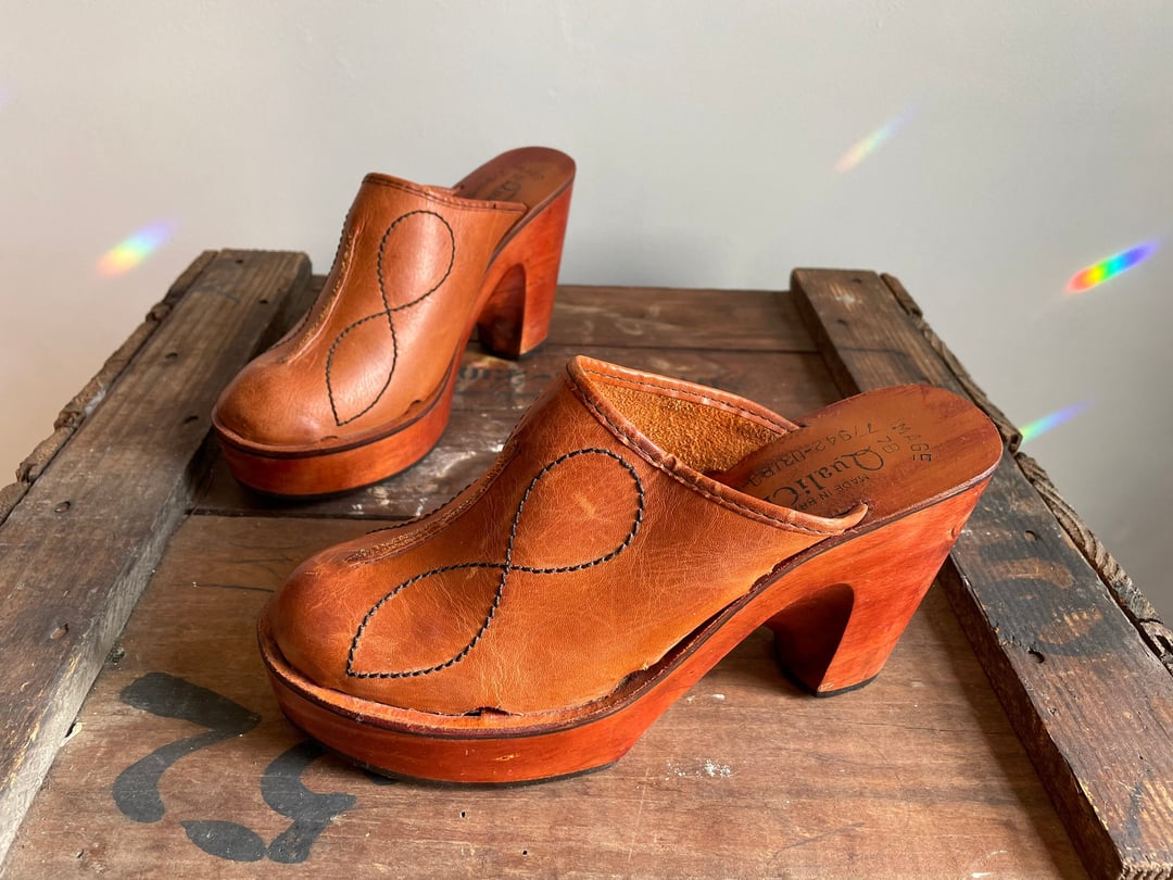 Authentic vintage 1970s wooden platform clogs 70s leather wedge heels House of Clovess Philadelphia PA