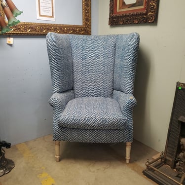 Blue and White Herringbone Wingback Chair with High Back