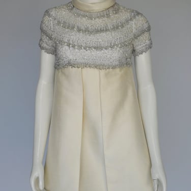 vintage 1960s mod sequin beaded ivory silk party dress XXS 