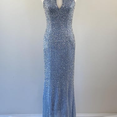 1980s Lillie Rubin Light Blue Beaded Halter Dress 