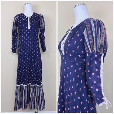1970s Vintage Cotton Peggy Barker Juliet Sleeve Maxi Dress / 70s Floral Calico Lace Up Prairie Dress / XS 