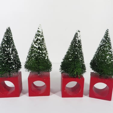 Vintage Christmas Bristle Brush Tree and Wood Napkin Rings - Set of 4 Christmas Tree Napkin Rings Dept 56 